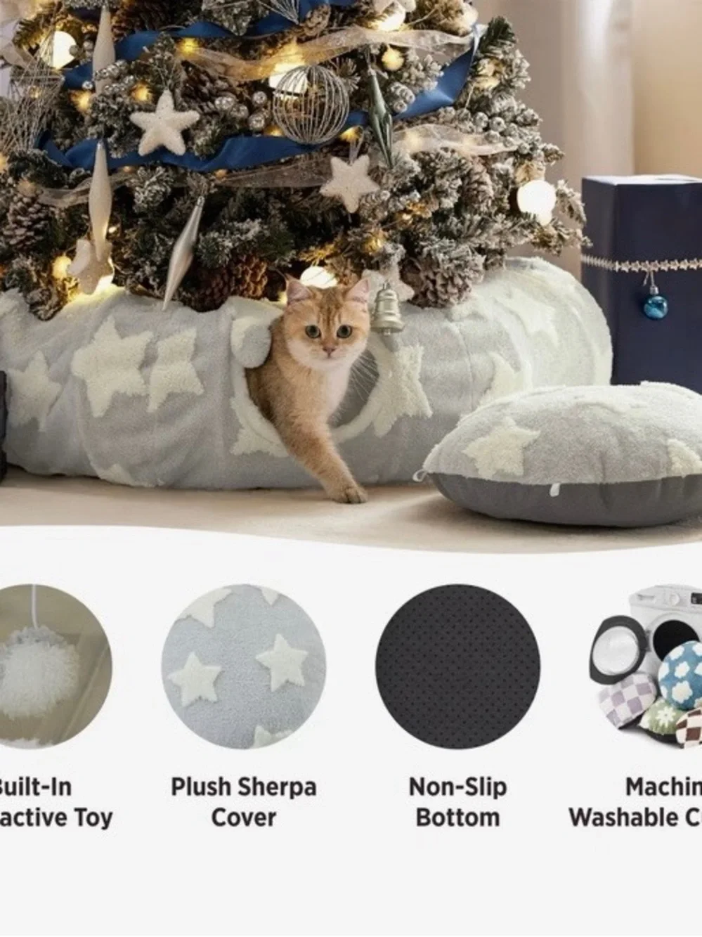 BEDSURE Plush Star-Print Cat Bed & Tunnel - GREY STARS ⭐️❗️🐾🐈‍⬛